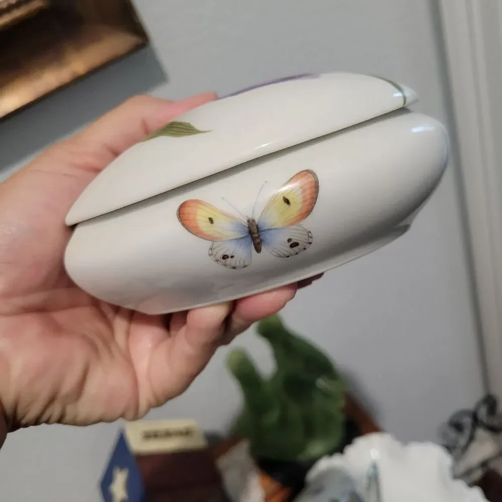 Vintage LIMOGES France Heart Shaped Trinket Box Rochard Butterflies Floral FLAW